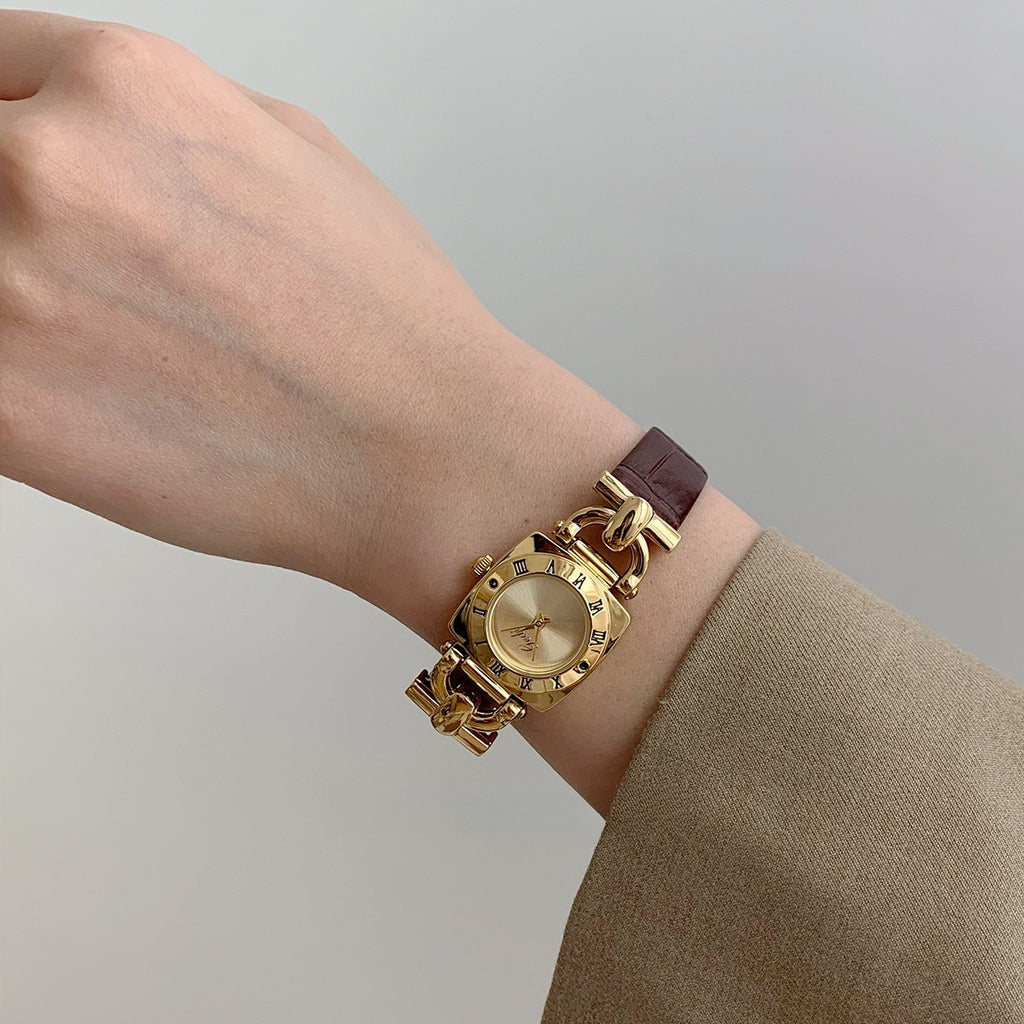 Vintage brown-gold mid-century modern fashionable elegant high-end waterproof women's watch
