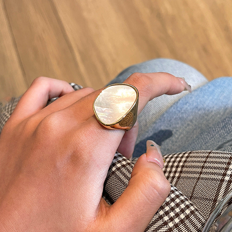 Vintage gold-plated white mother-of-pearl ring - unique, minimalist design for women's index finger