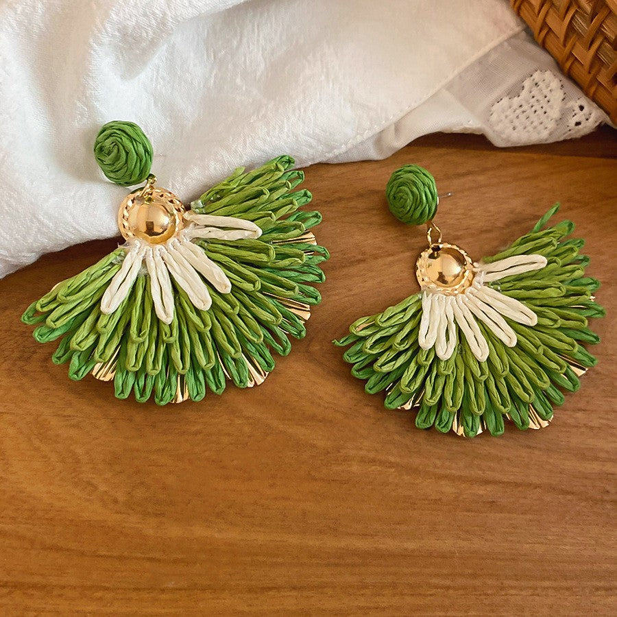 Retro ethnic style silver needle resin rattan beads round pendant earrings fashioneasiest for match earrings sense of design earrings