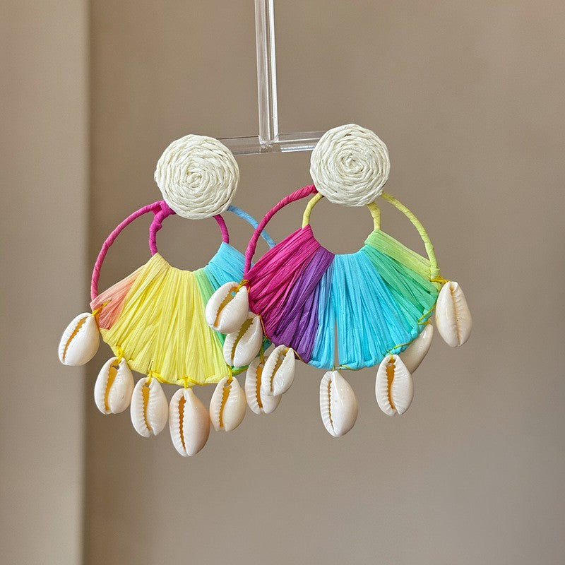 Retro ethnic style silver needle resin rattan beads round pendant earrings fashioneasiest for match earrings sense of design earrings