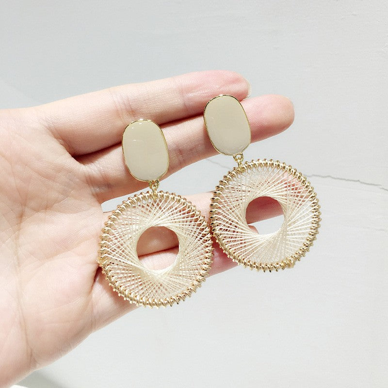 Retro ethnic style silver needle resin rattan beads round pendant earrings fashioneasiest for match earrings sense of design earrings