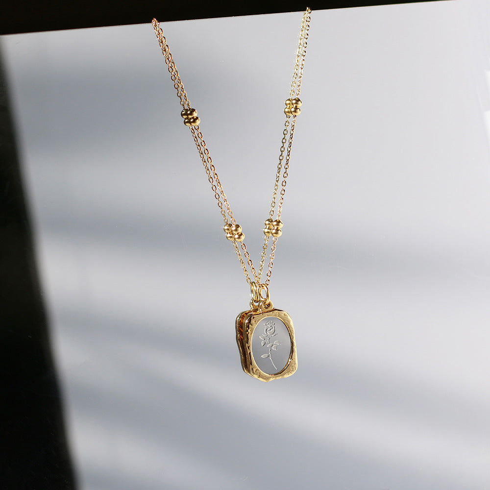 Titanium steel color-preserving small mirror necklace for women retrofrench embossed magic mirror rose square brand