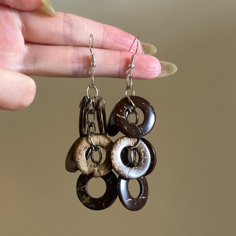 Retro ethnic style silver needle resin rattan beads round pendant earrings fashioneasiest for match earrings sense of design earrings