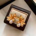 French gold floral natural pearl earrings - high-end, light luxury stud earrings