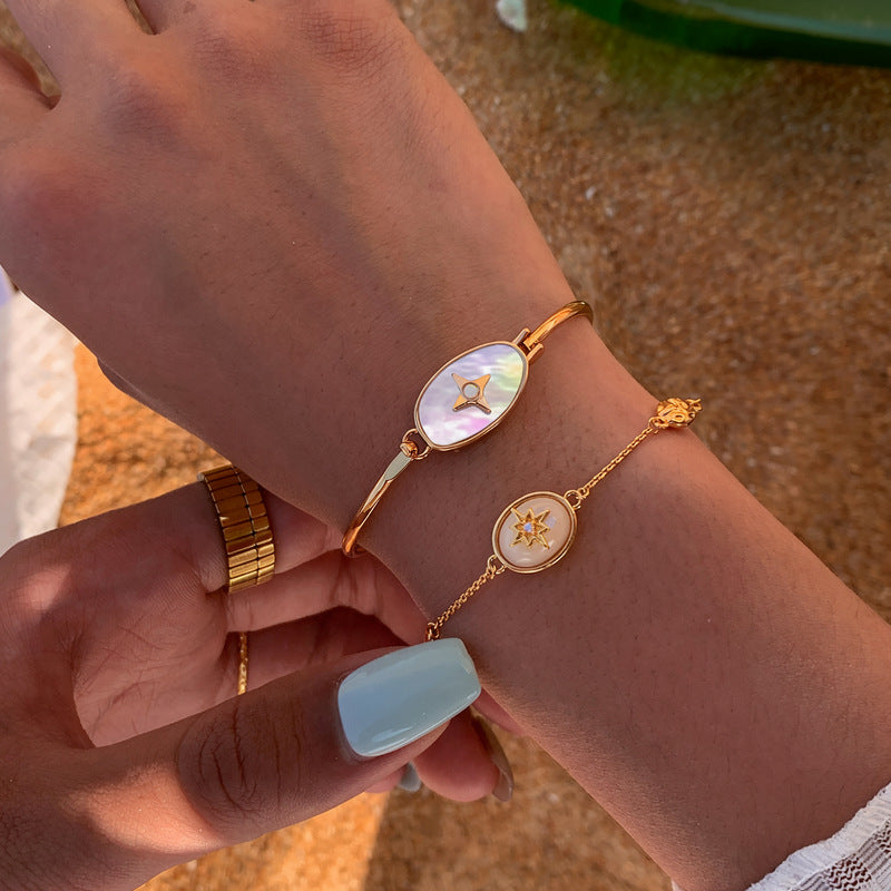 18k real gold electroplated oval mother-of-pearl star bracelet fashionelegant metal style bracelet