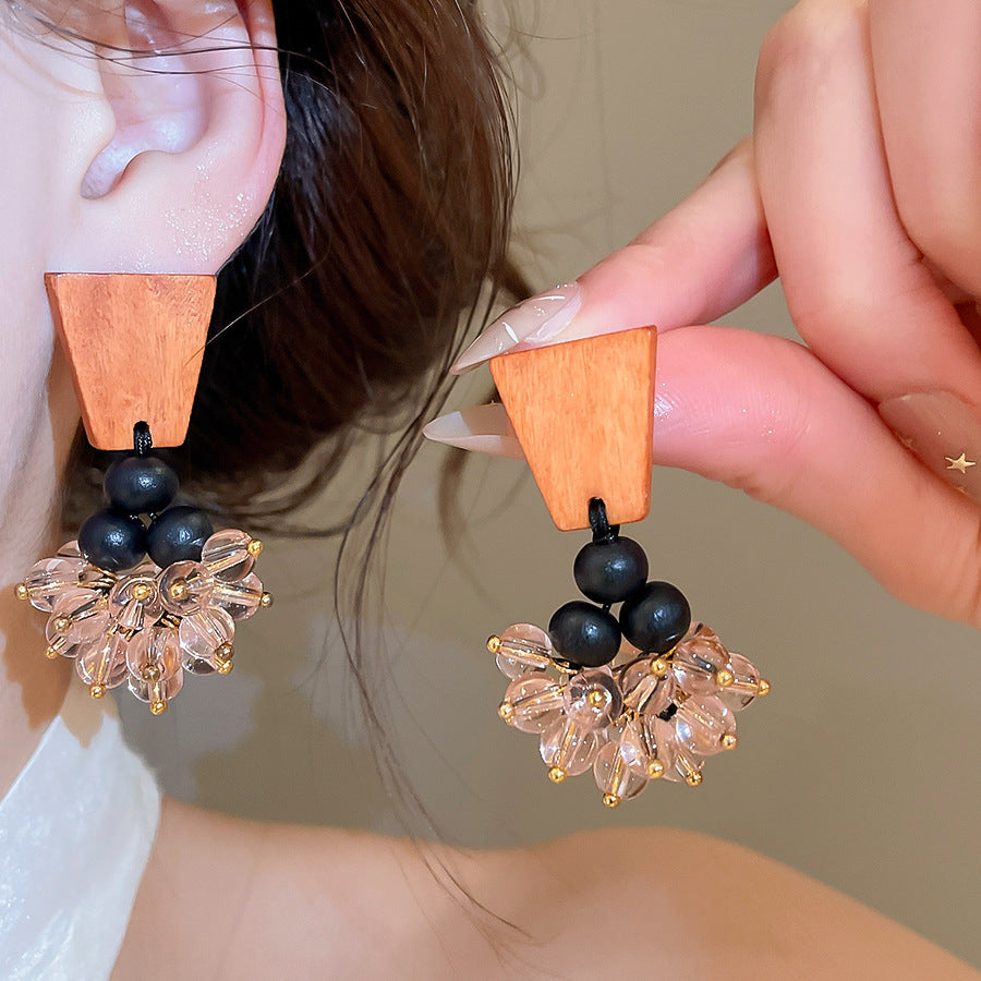 Retro ethnic style silver needle resin rattan beads round pendant earrings fashioneasiest for match earrings sense of design earrings