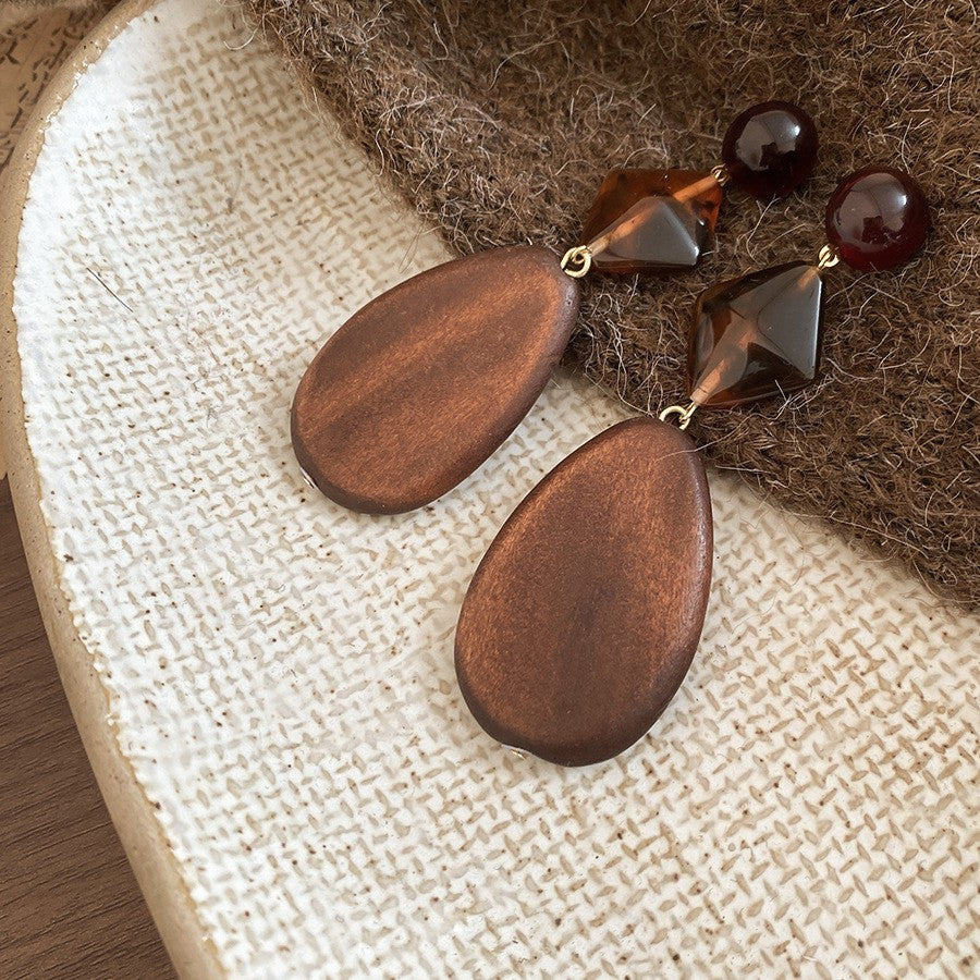 Retro ethnic style silver needle resin rattan beads round pendant earrings fashioneasiest for match earrings sense of design earrings