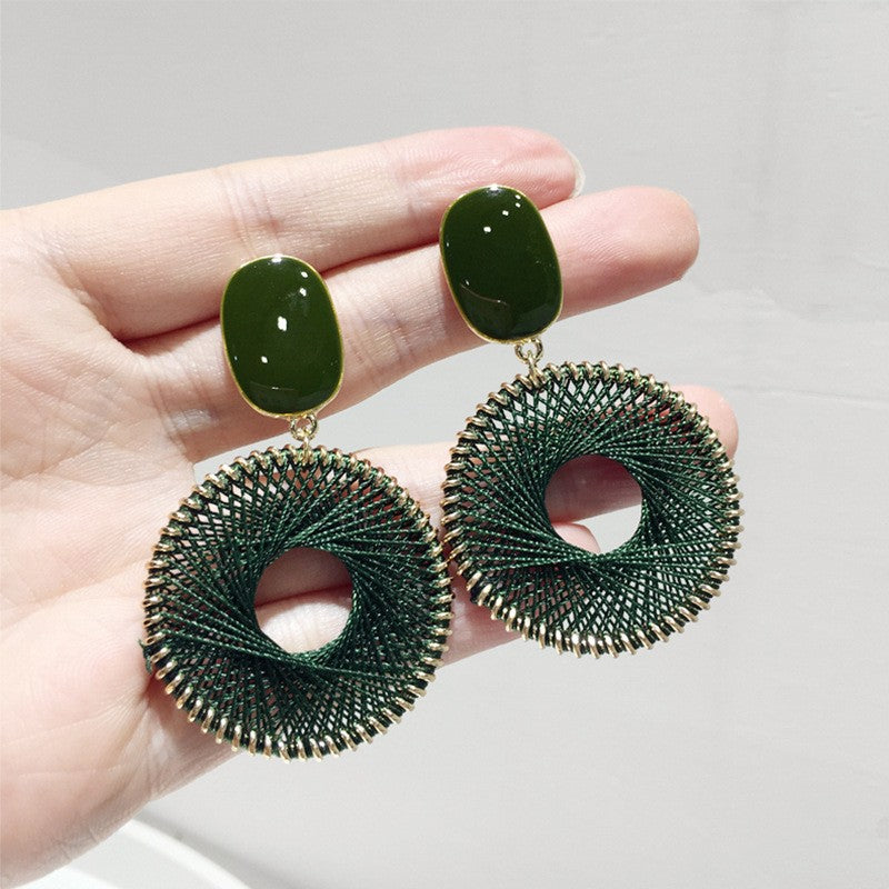 Retro ethnic style silver needle resin rattan beads round pendant earrings fashioneasiest for match earrings sense of design earrings