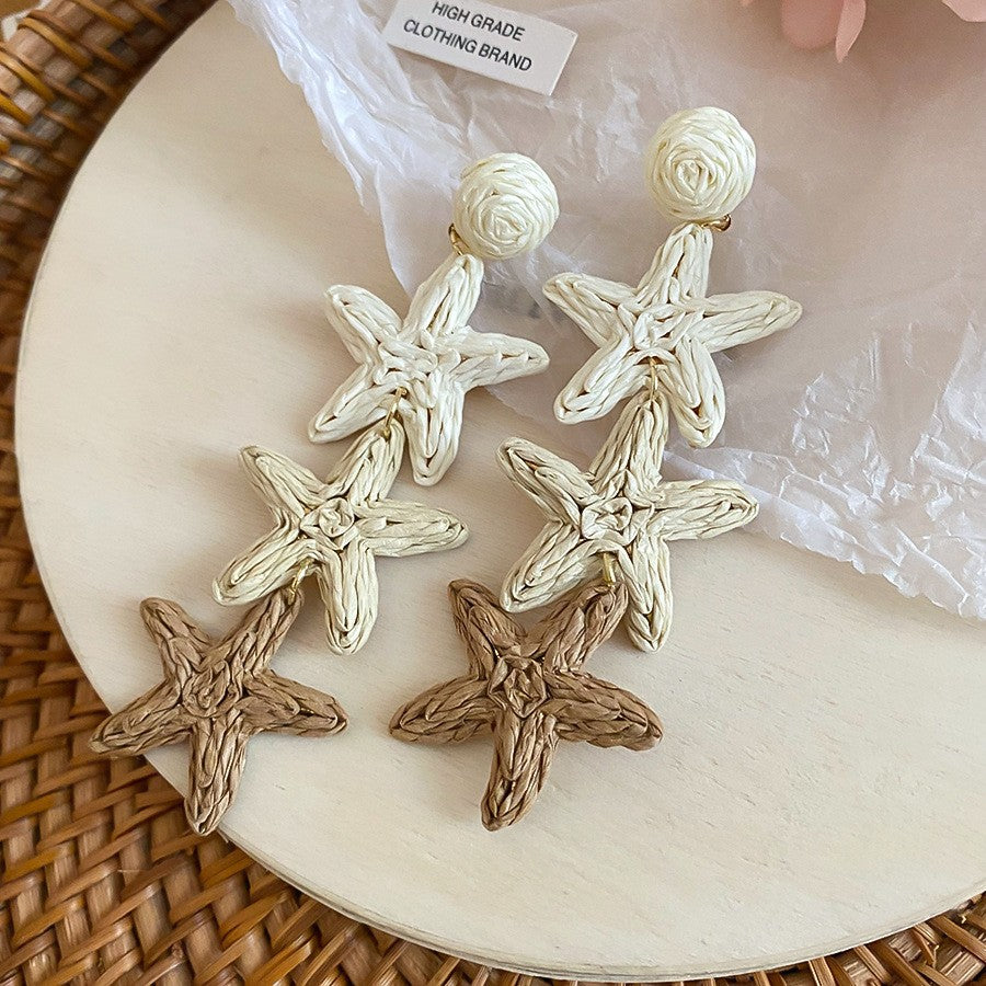 Retro ethnic style silver needle resin rattan beads round pendant earrings fashioneasiest for match earrings sense of design earrings