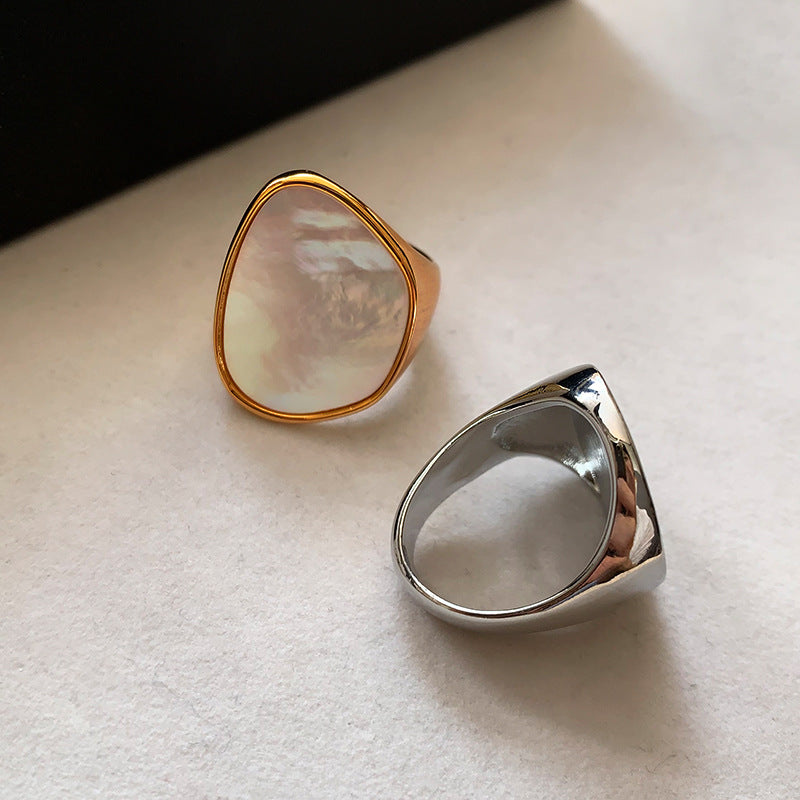 Vintage gold-plated white mother-of-pearl ring - unique, minimalist design for women's index finger