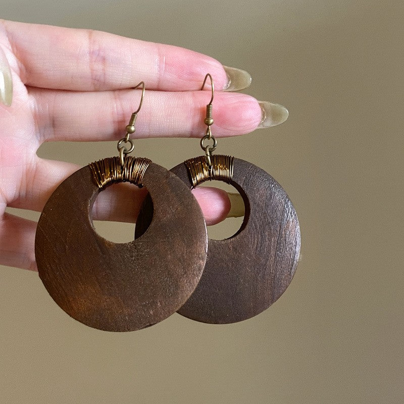Retro ethnic style silver needle resin rattan beads round pendant earrings fashioneasiest for match earrings sense of design earrings