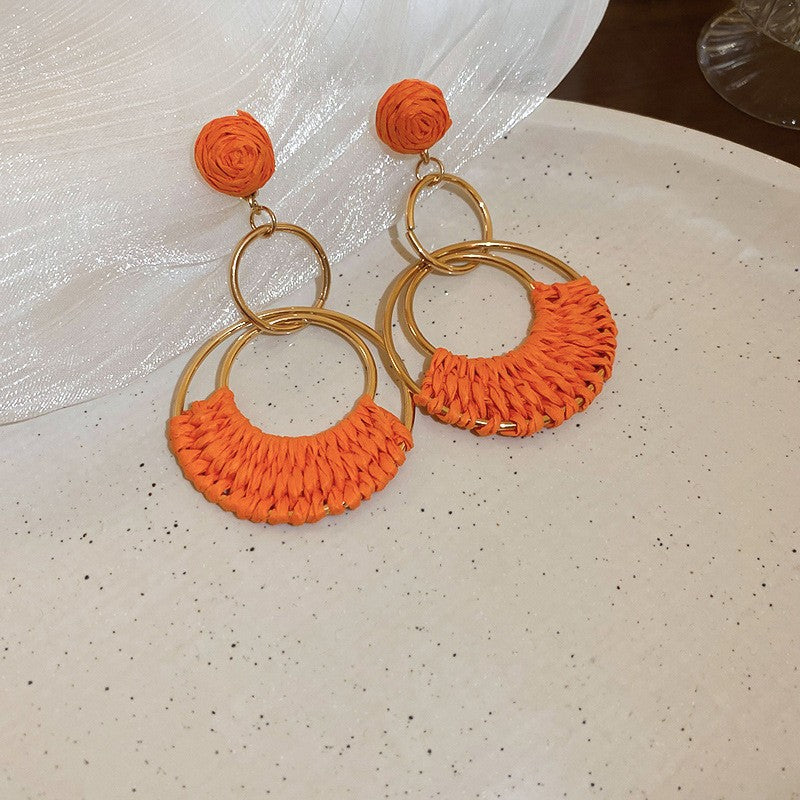 Retro ethnic style silver needle resin rattan beads round pendant earrings fashioneasiest for match earrings sense of design earrings