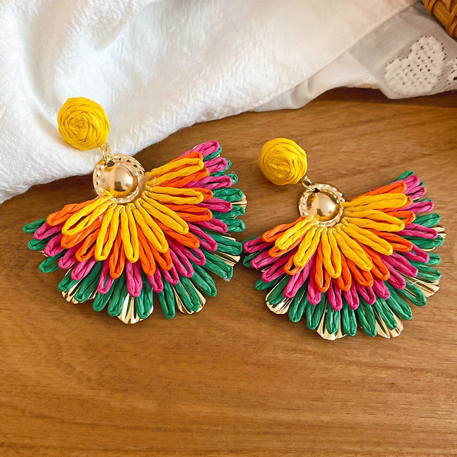 Retro ethnic style silver needle resin rattan beads round pendant earrings fashioneasiest for match earrings sense of design earrings