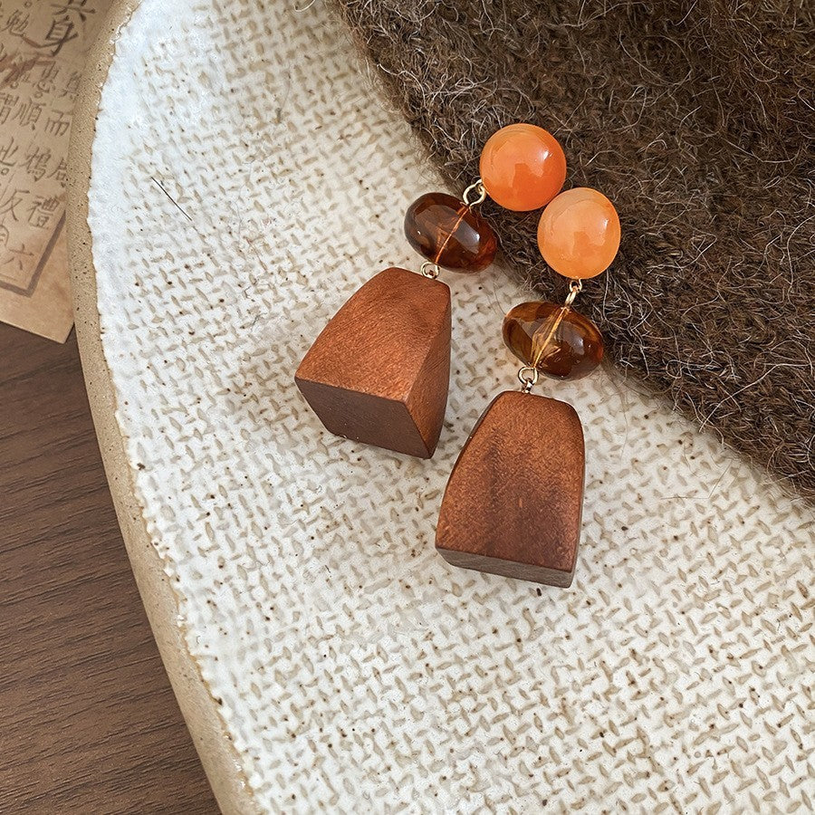 Retro ethnic style silver needle resin rattan beads round pendant earrings fashioneasiest for match earrings sense of design earrings