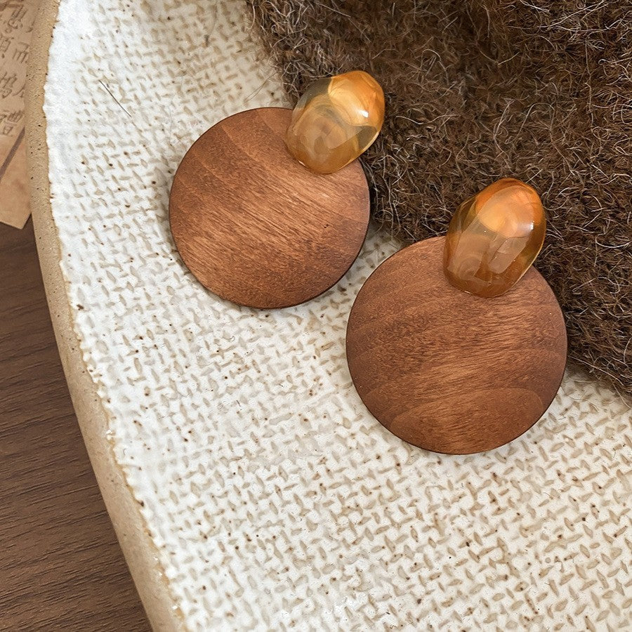 Retro ethnic style silver needle resin rattan beads round pendant earrings fashioneasiest for match earrings sense of design earrings