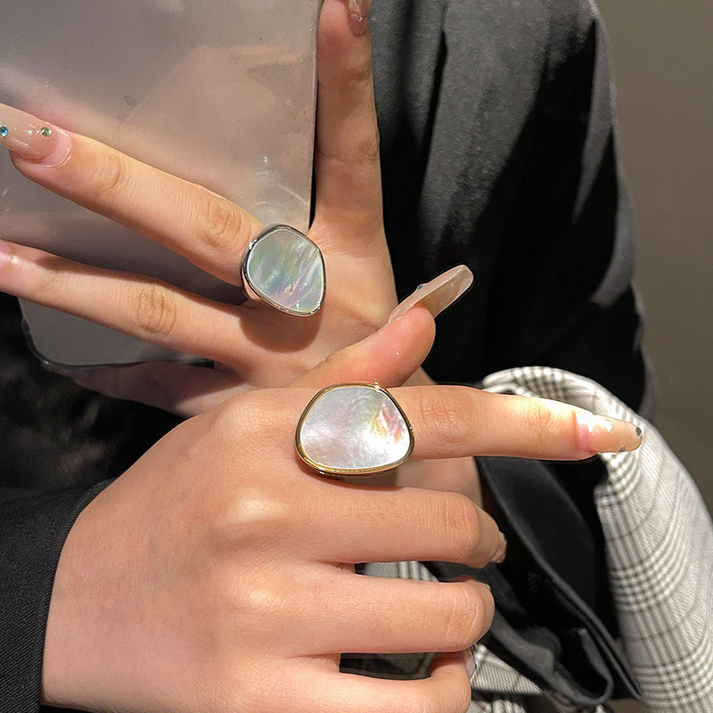 Vintage gold-plated white mother-of-pearl ring - unique, minimalist design for women's index finger