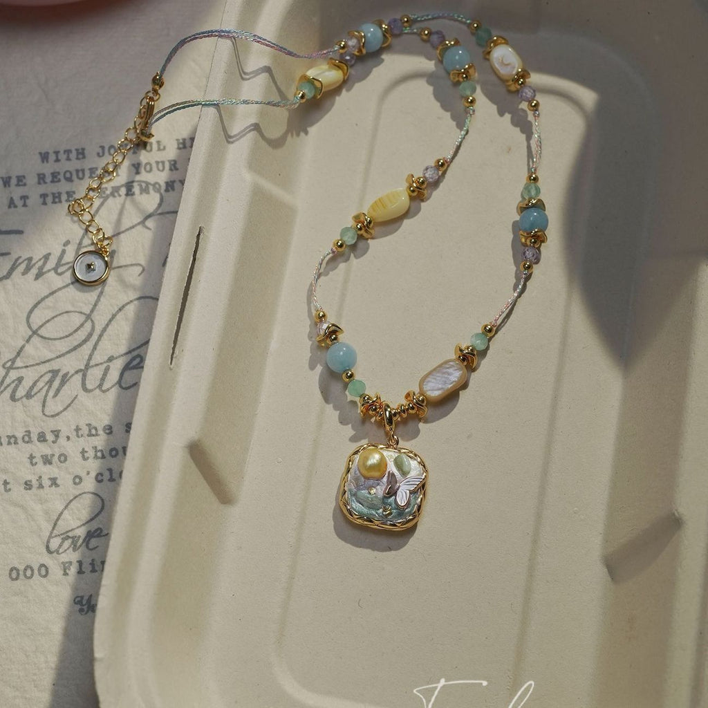 Iridescent jelly bean frenchretro heavy oil painting necklace asymmetrical beaded pendant chain niche style niche clavicle
