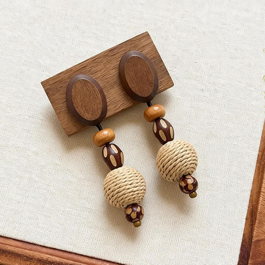 Retro ethnic style silver needle resin rattan beads round pendant earrings fashioneasiest for match earrings sense of design earrings
