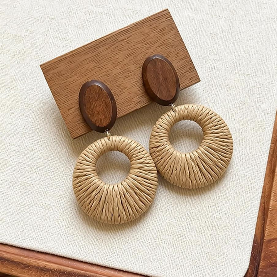 Retro ethnic style silver needle resin rattan beads round pendant earrings fashioneasiest for match earrings sense of design earrings