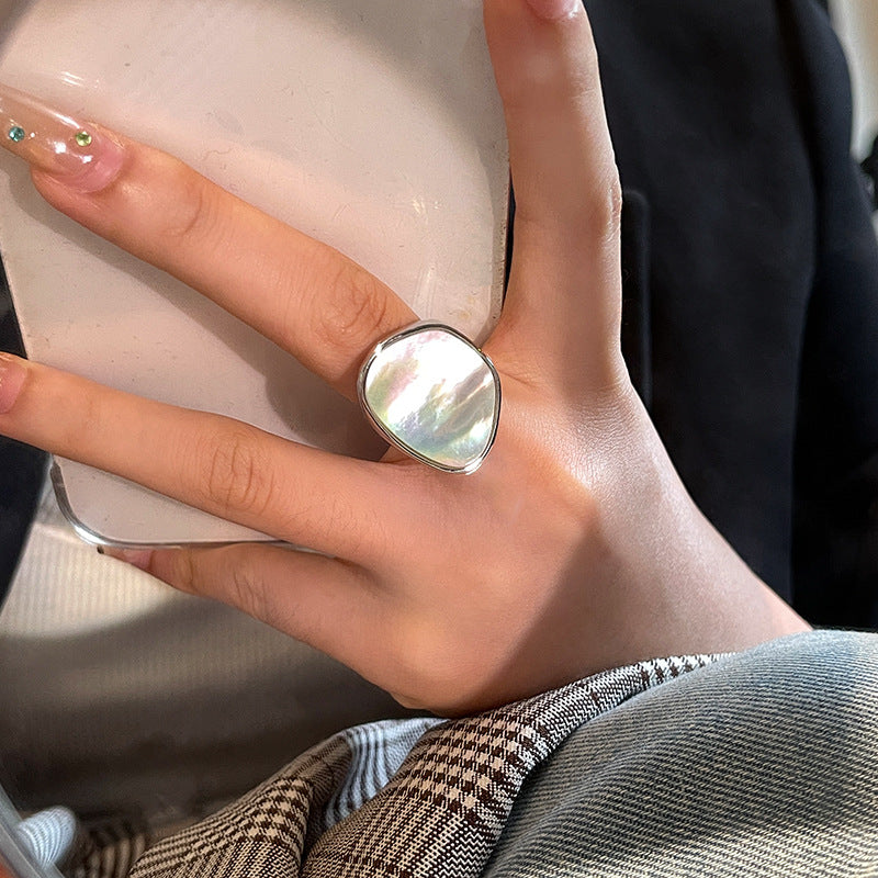 Vintage gold-plated white mother-of-pearl ring - unique, minimalist design for women's index finger