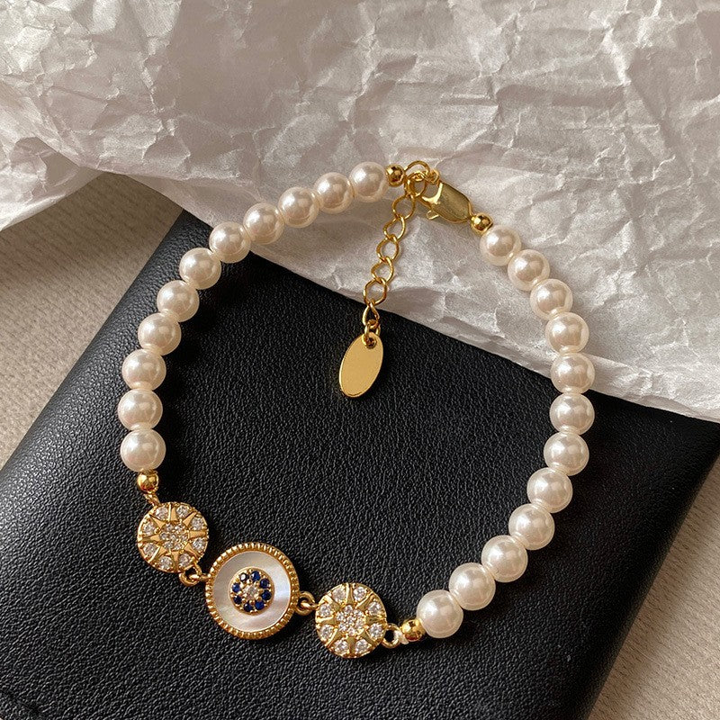 French retro zircon starburst pearl bracelet - exquisite, elegant, versatile, and luxurious for women