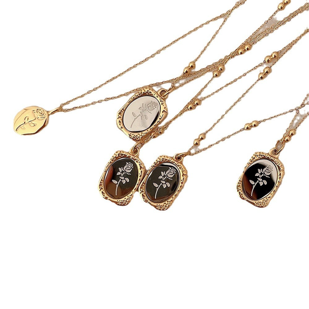 Titanium steel color-preserving small mirror necklace for women retrofrench embossed magic mirror rose square brand
