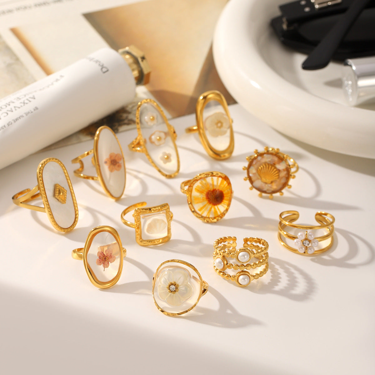 Preserved flower ring: luxurious, high-end, dopamine-filled, fashionable, versatile, open adjustable ring