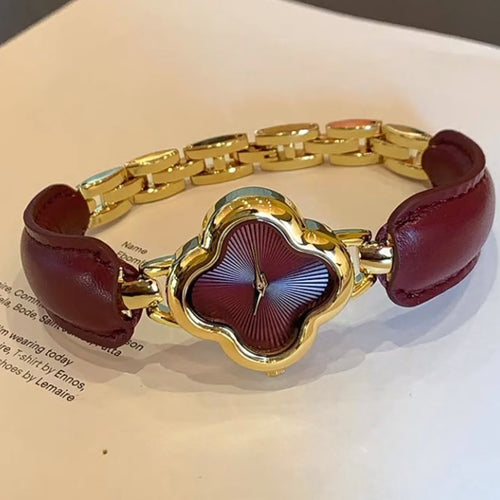 Anchor red clover leather strap bracelet watch - luxury, high-end, vintage quartz wristwatch