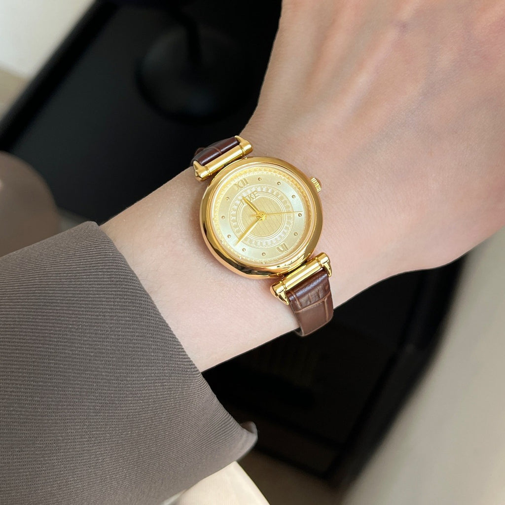 Round small dial watch women's niche light luxury retro artsy classy commuter leather strap quartz wristwatch