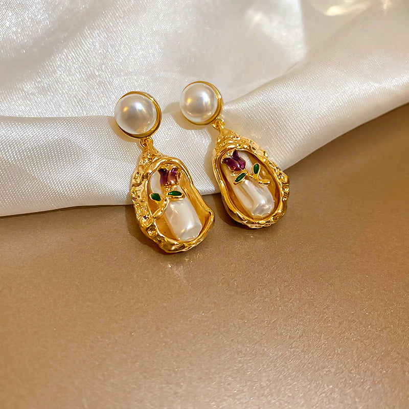 Real gold electroplated silver needle pearl flower earrings fashionelegant earrings accessible luxuryclassy earrings