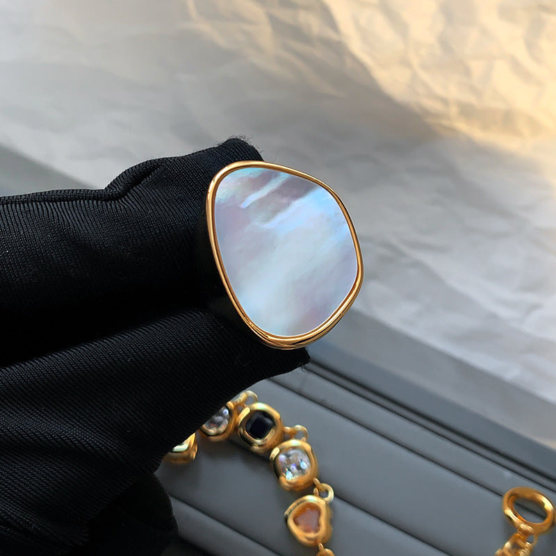 Vintage gold-plated white mother-of-pearl ring - unique, minimalist design for women's index finger