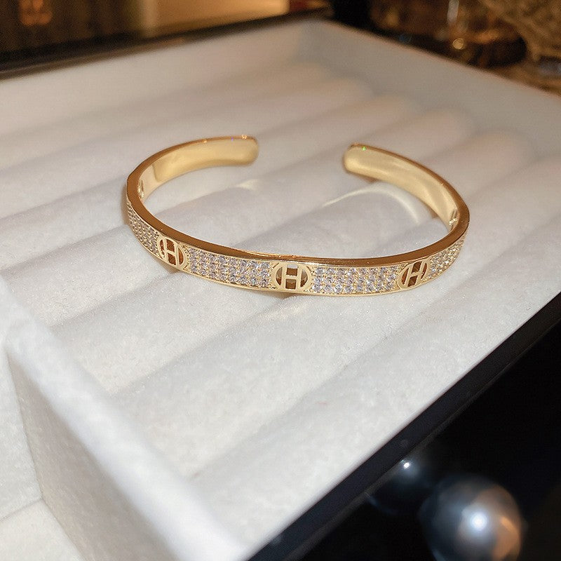 Real gold electroplated diamond letter open bracelet new arrivalaccessible luxuryclassy sense of hand jewelry for women