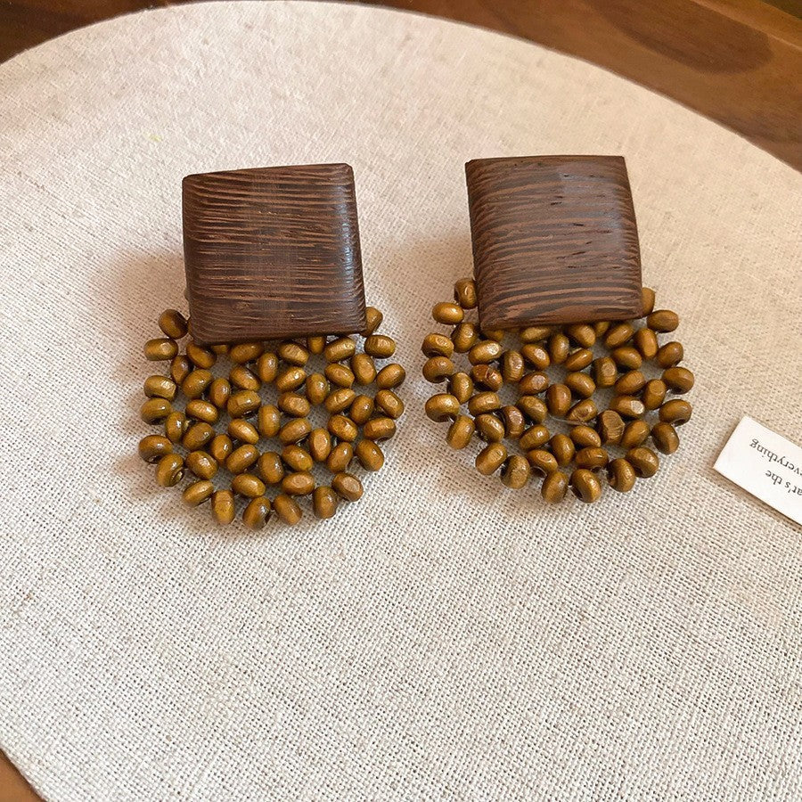 Retro ethnic style silver needle resin rattan beads round pendant earrings fashioneasiest for match earrings sense of design earrings
