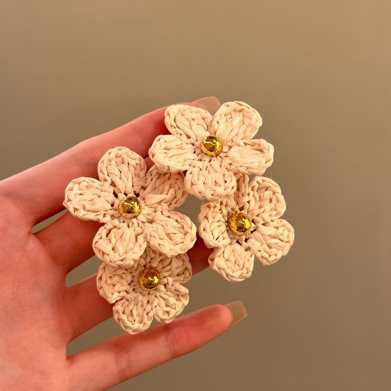 Retro ethnic style silver needle resin rattan beads round pendant earrings fashioneasiest for match earrings sense of design earrings
