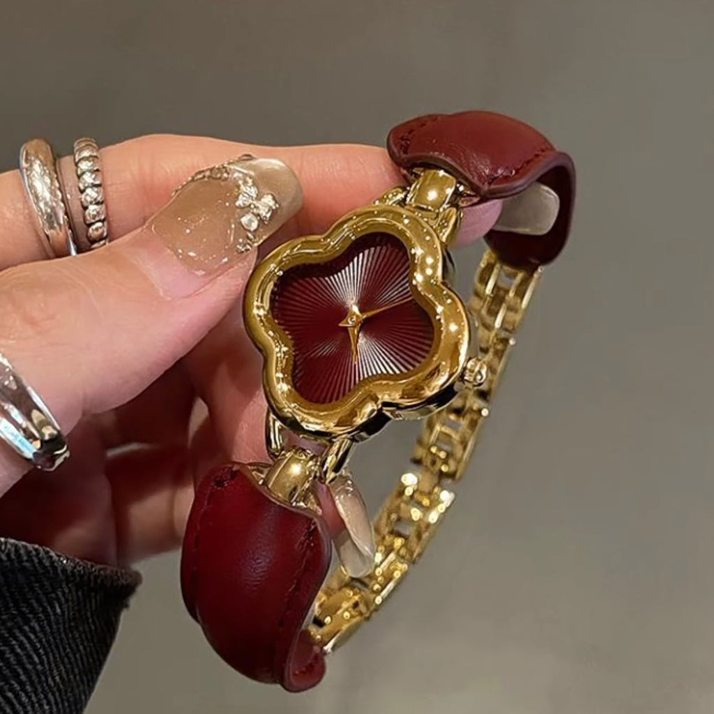 Anchor red clover leather strap bracelet watch - luxury, high-end, vintage quartz wristwatch