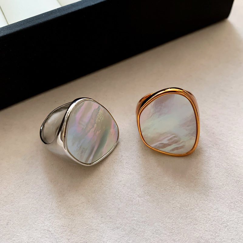 Vintage gold-plated white mother-of-pearl ring - unique, minimalist design for women's index finger
