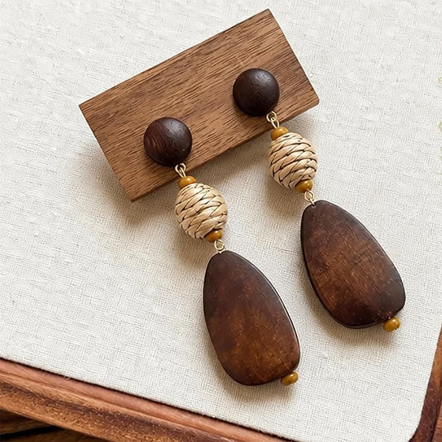 Retro ethnic style silver needle resin rattan beads round pendant earrings fashioneasiest for match earrings sense of design earrings