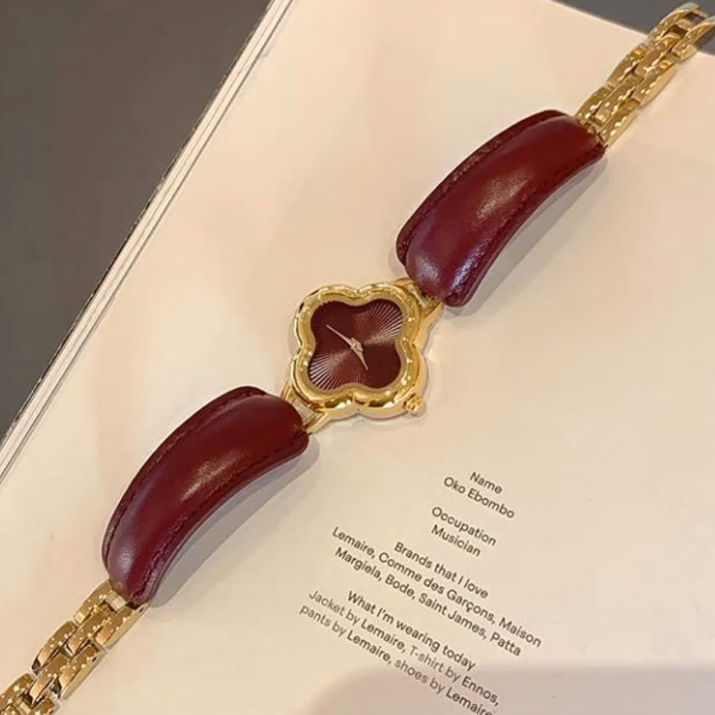 Anchor red clover leather strap bracelet watch - luxury, high-end, vintage quartz wristwatch